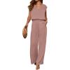imageANRABESS 2 Piece Sets for Women Lounge Outfits Summer V Neck Cap Sleeve Top Wide Leg Pants Vacation Beach Travel SetPink