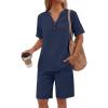 imageANRABESS Women 2 Piece Linen Lounge Sets Summer Casual Henley Shirts Short Pajama Set Beach Vacation Clothes Airport OutfitsNavy Blue