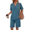 imageANRABESS Women 2 Piece Linen Lounge Sets Summer Casual Henley Shirts Short Pajama Set Beach Vacation Clothes Airport OutfitsTeal Blue
