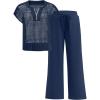 imageANRABESS Womens 2 Piece Outfits Crochet Knit Half Zip Sweater Top Wide Leg Pants Summer Lounge Matching Sets Travel ClothesNavy Blue
