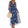 imageANRABESS Womens Floral Maxi Dress 2025 Fall V Neck Puff Long Sleeve Flowy Casual Wedding Guest Tea Party Tulle DressesBlue Golden Flower