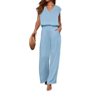 imageANRABESS 2 Piece Sets for Women Lounge Outfits Summer V Neck Cap Sleeve Top Wide Leg Pants Vacation Beach Travel SetBright Blue