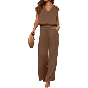 imageANRABESS 2 Piece Sets for Women Lounge Outfits Summer V Neck Cap Sleeve Top Wide Leg Pants Vacation Beach Travel SetBrown