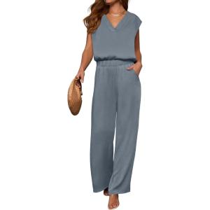 imageANRABESS 2 Piece Sets for Women Lounge Outfits Summer V Neck Cap Sleeve Top Wide Leg Pants Vacation Beach Travel SetGrey Blue