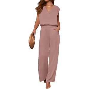 imageANRABESS 2 Piece Sets for Women Lounge Outfits Summer V Neck Cap Sleeve Top Wide Leg Pants Vacation Beach Travel SetPink
