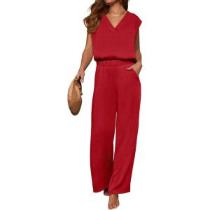 imageANRABESS 2 Piece Sets for Women Lounge Outfits Summer V Neck Cap Sleeve Top Wide Leg Pants Vacation Beach Travel SetRed