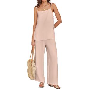 imageANRABESS 2 Piece Sets for Women Summer Casual Lounge Spaghetti Strap Top Wide Leg Pants Set Vacation Beach Travel OutfitsApricot