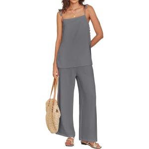 imageANRABESS 2 Piece Sets for Women Summer Casual Lounge Spaghetti Strap Top Wide Leg Pants Set Vacation Beach Travel OutfitsDark Gray