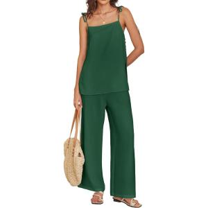 imageANRABESS 2 Piece Sets for Women Summer Casual Lounge Spaghetti Strap Top Wide Leg Pants Set Vacation Beach Travel OutfitsForest Green
