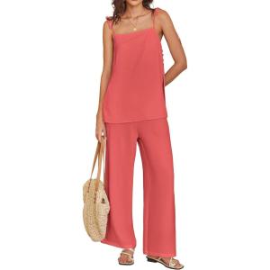 imageANRABESS 2 Piece Sets for Women Summer Casual Lounge Spaghetti Strap Top Wide Leg Pants Set Vacation Beach Travel OutfitsOrange Red