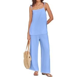 imageANRABESS 2 Piece Sets for Women Summer Casual Lounge Spaghetti Strap Top Wide Leg Pants Set Vacation Beach Travel OutfitsSky Blue