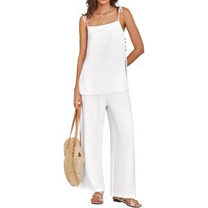 imageANRABESS 2 Piece Sets for Women Summer Casual Lounge Spaghetti Strap Top Wide Leg Pants Set Vacation Beach Travel OutfitsWhite