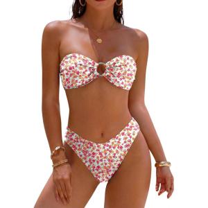 imageANRABESS Bikini Sets for Women Bandeau O Ring 2 Piece Swimsuit Floral Halter Tie Back Bathing Suit 2026 Summer Beach SwimwearHot Pink Orange Floral