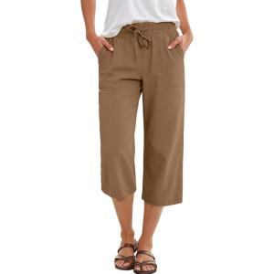 imageANRABESS Capris Pants for Women Summer Casual Loose Drawstring Elastic High Waist Straight 2026 Lounge Beach Cropped TrousersBrown