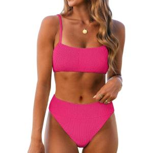 imageANRABESS High Waisted Bikini Sets for Women Tummy Control 2 Piece Swimsuits Ribbed Textured Bathing Suits Beach SwimwearHot Pink