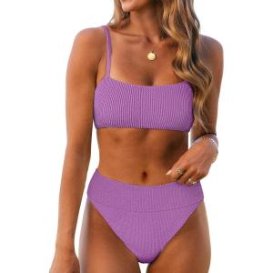 imageANRABESS High Waisted Bikini Sets for Women Tummy Control 2 Piece Swimsuits Ribbed Textured Bathing Suits Beach SwimwearPurple