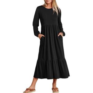 imageANRABESS Long Sleeve Midi Dresses for Women Casual 2026 Spring Crewneck A Line Tiered Flowy Loose Trendy Dresses with PocketsBlack