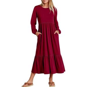 imageANRABESS Long Sleeve Midi Dresses for Women Casual 2026 Spring Crewneck A Line Tiered Flowy Loose Trendy Dresses with PocketsBurgundy
