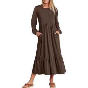 imageANRABESS Long Sleeve Midi Dresses for Women Casual 2026 Spring Crewneck A Line Tiered Flowy Loose Trendy Dresses with PocketsCoffee