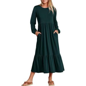imageANRABESS Long Sleeve Midi Dresses for Women Casual 2026 Spring Crewneck A Line Tiered Flowy Loose Trendy Dresses with PocketsDark Green