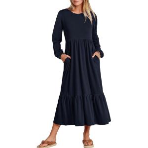 imageANRABESS Long Sleeve Midi Dresses for Women Casual 2026 Spring Crewneck A Line Tiered Flowy Loose Trendy Dresses with PocketsDark Navy Blue