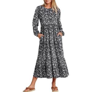imageANRABESS Long Sleeve Midi Dresses for Women Casual 2026 Spring Crewneck A Line Tiered Flowy Loose Trendy Dresses with PocketsFloral Black