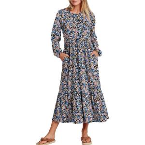 imageANRABESS Long Sleeve Midi Dresses for Women Casual 2026 Spring Crewneck A Line Tiered Flowy Loose Trendy Dresses with PocketsFloral Blue Purple