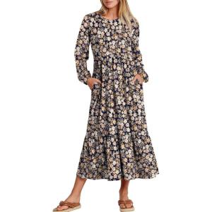 imageANRABESS Long Sleeve Midi Dresses for Women Casual 2026 Spring Crewneck A Line Tiered Flowy Loose Trendy Dresses with PocketsFloral Navy Blue Pink