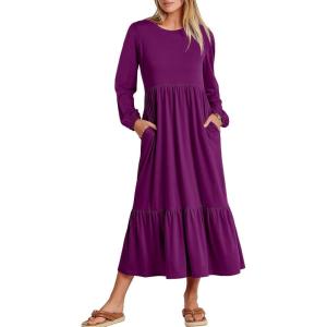 imageANRABESS Long Sleeve Midi Dresses for Women Casual 2026 Spring Crewneck A Line Tiered Flowy Loose Trendy Dresses with PocketsPurple