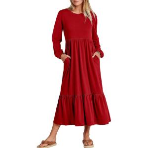 imageANRABESS Long Sleeve Midi Dresses for Women Casual 2026 Spring Crewneck A Line Tiered Flowy Loose Trendy Dresses with PocketsRed