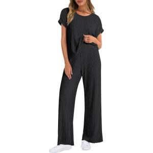 imageANRABESS Lounge Sets For Women Summer Rib Knit 2 Piece Pajama Sets 2026 Casual Spring Beach Vacation Outfits Airport ClothesBlack
