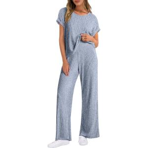 imageANRABESS Lounge Sets For Women Summer Rib Knit 2 Piece Pajama Sets 2026 Casual Spring Beach Vacation Outfits Airport ClothesBlue