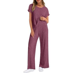imageANRABESS Lounge Sets For Women Summer Rib Knit 2 Piece Pajama Sets 2026 Casual Spring Beach Vacation Outfits Airport ClothesDark Red