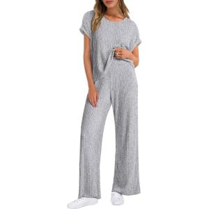 imageANRABESS Lounge Sets For Women Summer Rib Knit 2 Piece Pajama Sets 2026 Casual Spring Beach Vacation Outfits Airport ClothesGrey