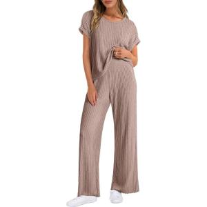 imageANRABESS Lounge Sets For Women Summer Rib Knit 2 Piece Pajama Sets 2026 Casual Spring Beach Vacation Outfits Airport ClothesTan Khaki