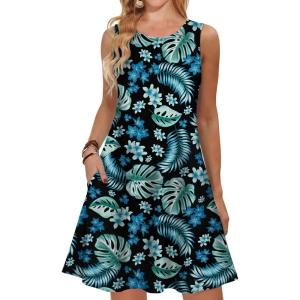 imageANRABESS Summer Dresses for Women Beach Floral Tshirt Sundress Loose Casual Boho Tank Dress with Pocket Vacation OutfitsBlack Blue Green Leaf