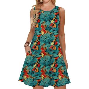 imageANRABESS Summer Dresses for Women Beach Floral Tshirt Sundress Loose Casual Boho Tank Dress with Pocket Vacation OutfitsOrange Red Blue Leaf