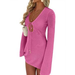 imageANRABESS Swimsuit Cover Up for Women Crochet Bathing Suit 2026 Summer Swimwear V Neck Mesh Knit Dress Beach Vacation ClothesHot Pink