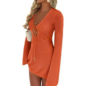 imageANRABESS Swimsuit Cover Up for Women Crochet Bathing Suit 2026 Summer Swimwear V Neck Mesh Knit Dress Beach Vacation ClothesOrange
