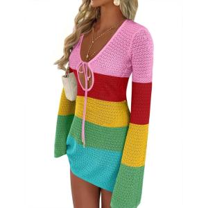 imageANRABESS Swimsuit Cover Up for Women Crochet Bathing Suit 2026 Summer Swimwear V Neck Mesh Knit Dress Beach Vacation ClothesRainbow Stripe