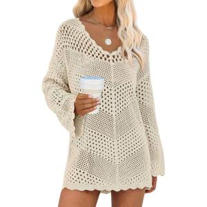 imageANRABESS Swimsuit Cover Up for Women Crochet Bathing Suit Summer Swimwear V Neck Mesh Knit Dress 2026 Beach Vacation ClothesBeige