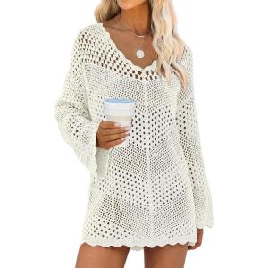 imageANRABESS Swimsuit Cover Up for Women Crochet Bathing Suit Summer Swimwear V Neck Mesh Knit Dress 2026 Beach Vacation ClothesCream White