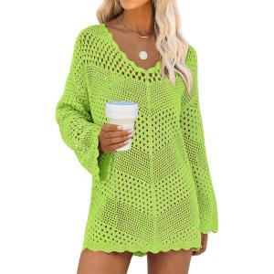 imageANRABESS Swimsuit Cover Up for Women Crochet Bathing Suit Summer Swimwear V Neck Mesh Knit Dress 2026 Beach Vacation ClothesGreenyellow