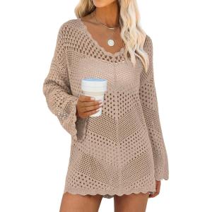 imageANRABESS Swimsuit Cover Up for Women Crochet Bathing Suit Summer Swimwear V Neck Mesh Knit Dress 2026 Beach Vacation ClothesKhaki