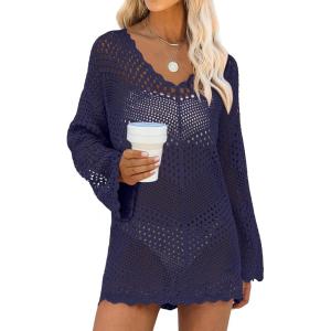 imageANRABESS Swimsuit Cover Up for Women Crochet Bathing Suit Summer Swimwear V Neck Mesh Knit Dress 2026 Beach Vacation ClothesNavy Blue