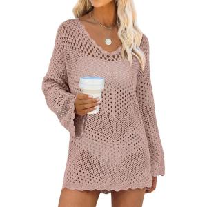 imageANRABESS Swimsuit Cover Up for Women Crochet Bathing Suit Summer Swimwear V Neck Mesh Knit Dress 2026 Beach Vacation ClothesPink