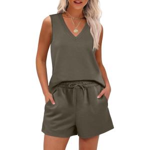 imageANRABESS Two Piece Sets for Women 2026 Summer Outfits Short Matching Lounge Set Casual V Neck Beach Vacation Travel ClothesArmy Green