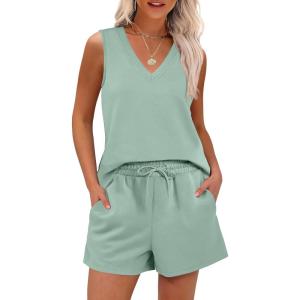 imageANRABESS Two Piece Sets for Women 2026 Summer Outfits Short Matching Lounge Set Casual V Neck Beach Vacation Travel ClothesGreen