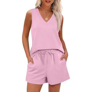 imageANRABESS Two Piece Sets for Women 2026 Summer Outfits Short Matching Lounge Set Casual V Neck Beach Vacation Travel ClothesPink