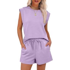 imageANRABESS Two Piece Sets for Women 2026 Summer Short Lounge Set Casual Beach Vacation Outfits Spring Sweatsuits TracksuitLight Purple